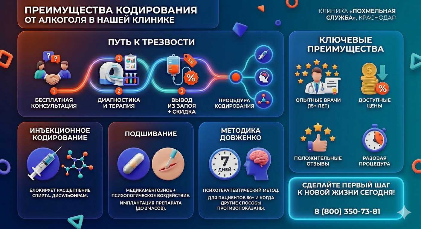 Инфографика о методах кодирования от алкоголя в Ново-Талицах: инъекции, подшивание, метод Довженко. Преимущества клиники и этапы лечения.