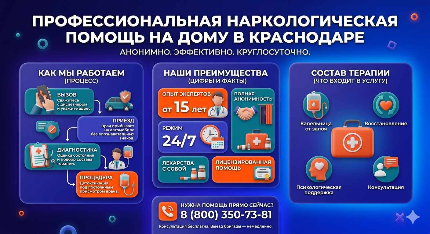 Инфографика о принципах лечения алкоголизма на дому в Ново-Талицах: этапы вызова нарколога, преимущества анонимной детоксикации и состав медицинской помощи.
